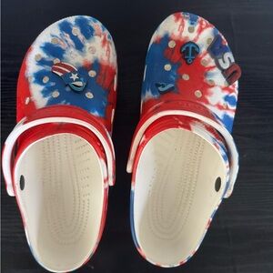 CROCS Red and Blue Sandals with Tie-Dye Design
